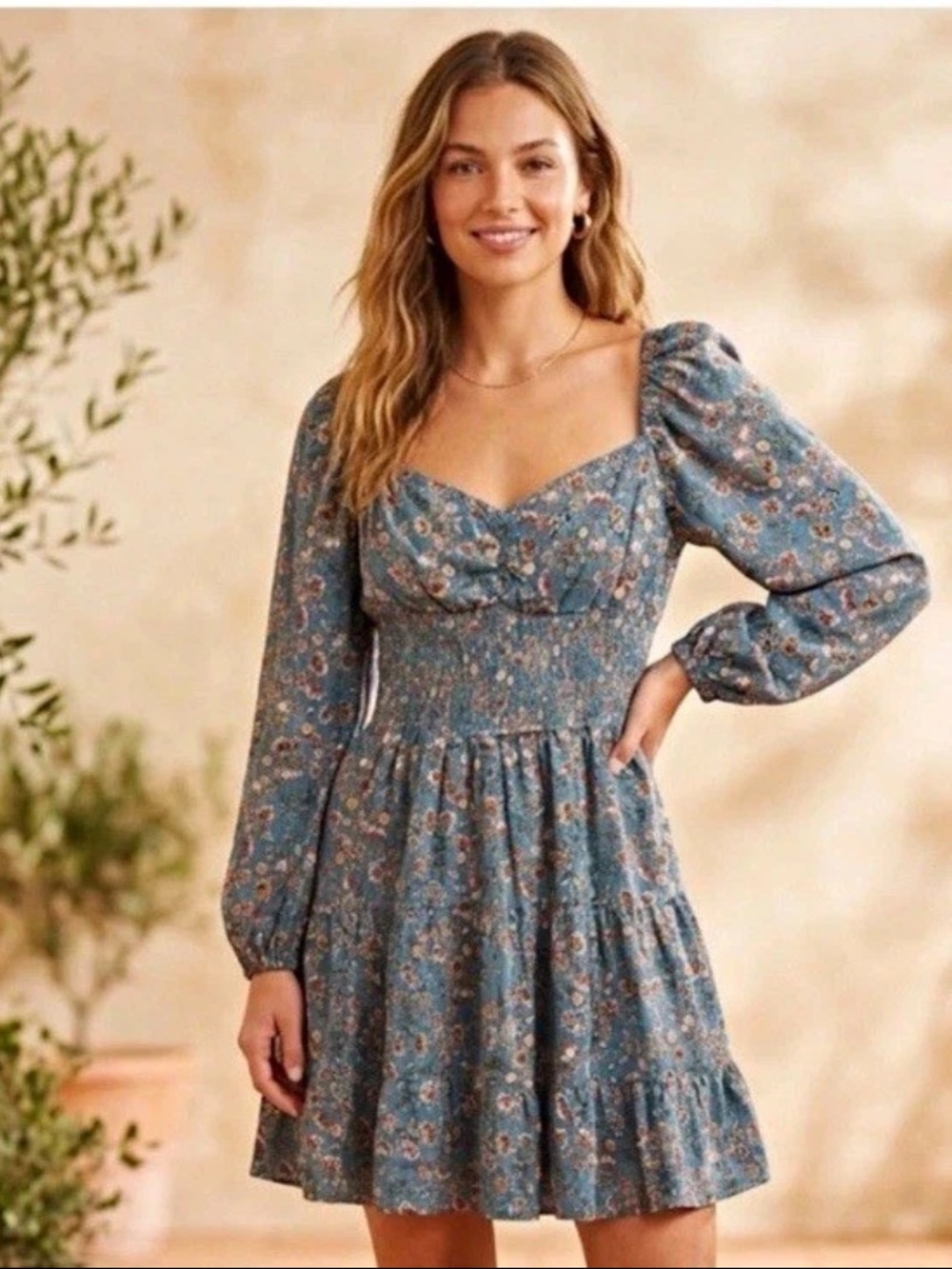 Angie Teal Blue Floral Long Sleeve Smocked Mini Dress. Size Large